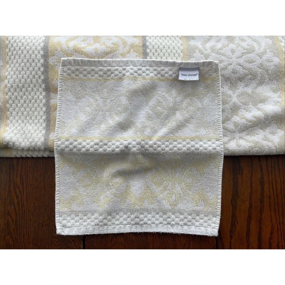 2 PC Towel Set Beau Monde Bath & Wash Cloth Scroll Stripe Neutrals 100% Cotton